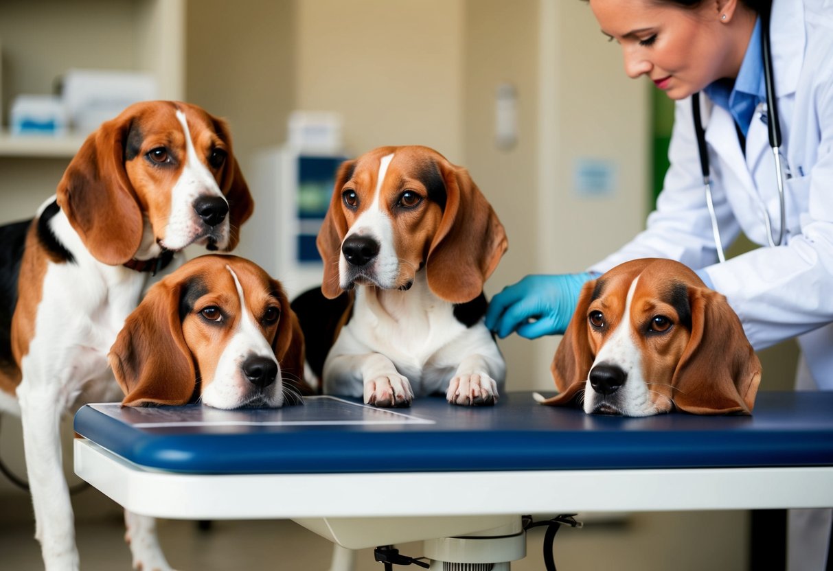 A group of beagles in a veterinary clinic, with one beagle lying on an examination table while a veterinarian looks at an X-ray