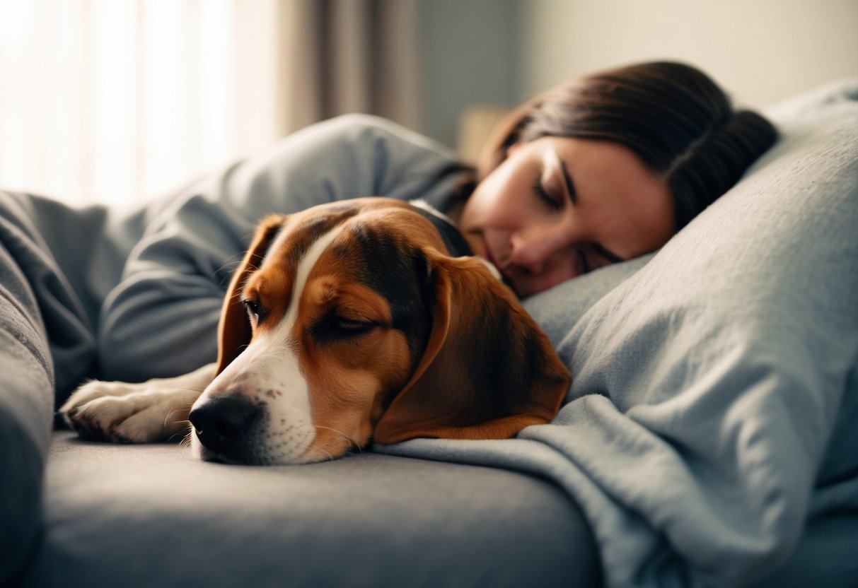 A beagle snuggles up next to a sleeping figure, nuzzling into the warmth and comfort of their presence