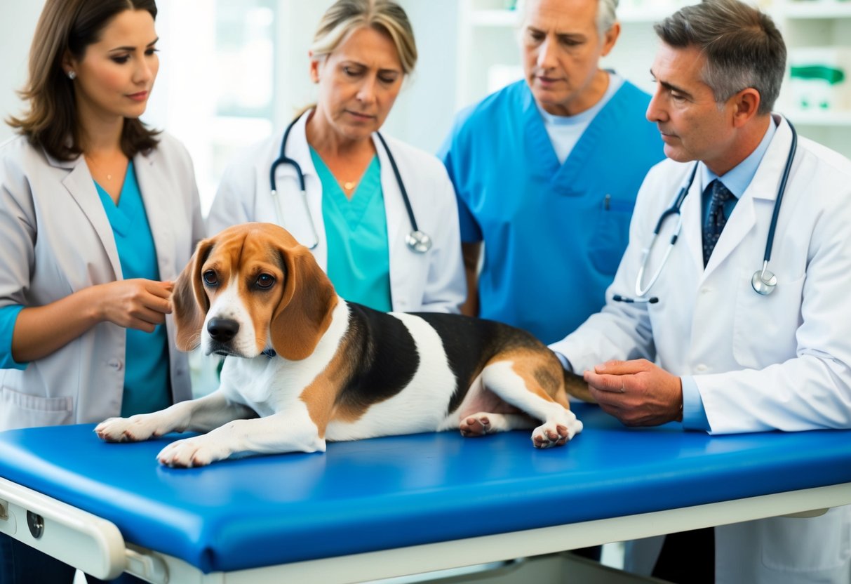 A beagle lying on a veterinary examination table, surrounded by concerned owners and a veterinarian discussing major health concerns