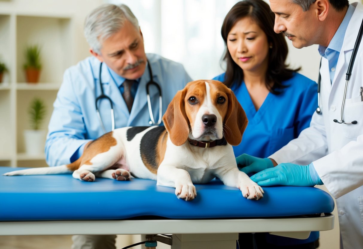 A beagle lying on a veterinarian's examination table, with a concerned owner looking on as the vet discusses eye health and associated conditions