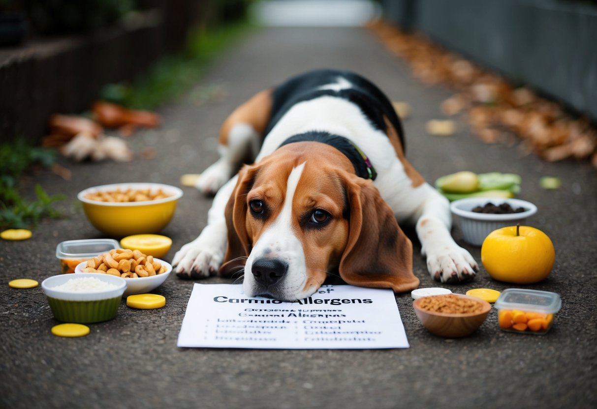 A beagle lying on the ground, surrounded by various food items and a list of common allergens