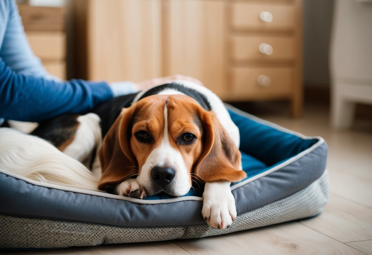 A beagle snuggles up in a cozy dog bed next to its owner, looking content and comfortable