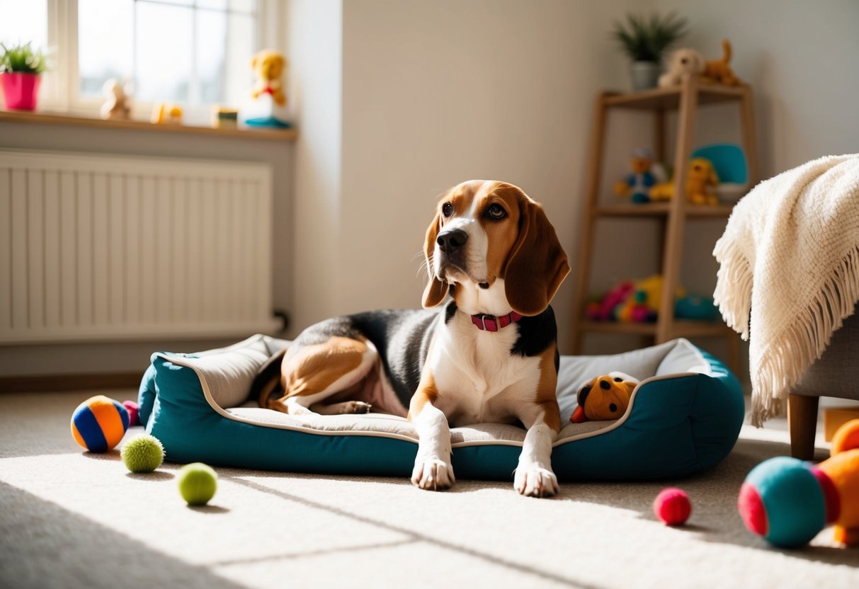 A beagle lounges contentedly in a sunlit room, surrounded by toys and a cozy bed, looking relaxed and at peace as the only dog in the household