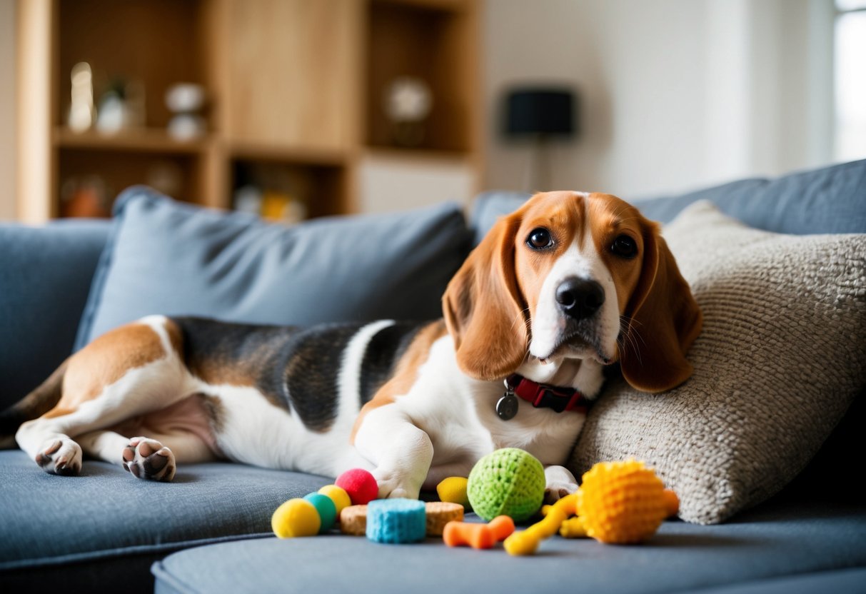 A content beagle lounging on a cozy couch, surrounded by toys and treats, enjoying the undivided attention of its owner