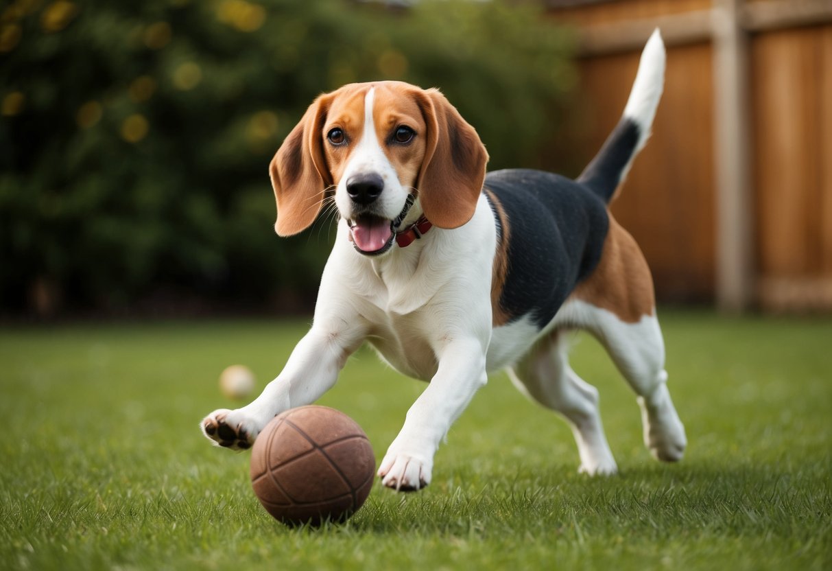 A beagle happily playing in a backyard, fetching a ball and wagging its tail