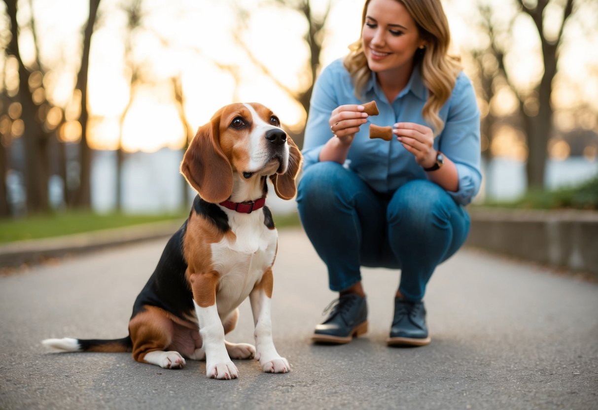 A beagle sits obediently at the feet of its owner, gazing up with adoring eyes. The owner holds a treat, ready to reward the well-trained pup