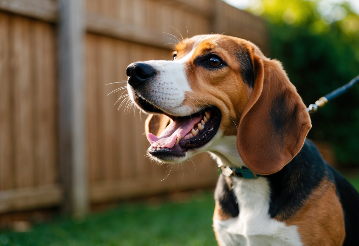 A beagle barking loudly in a backyard, ears perked up