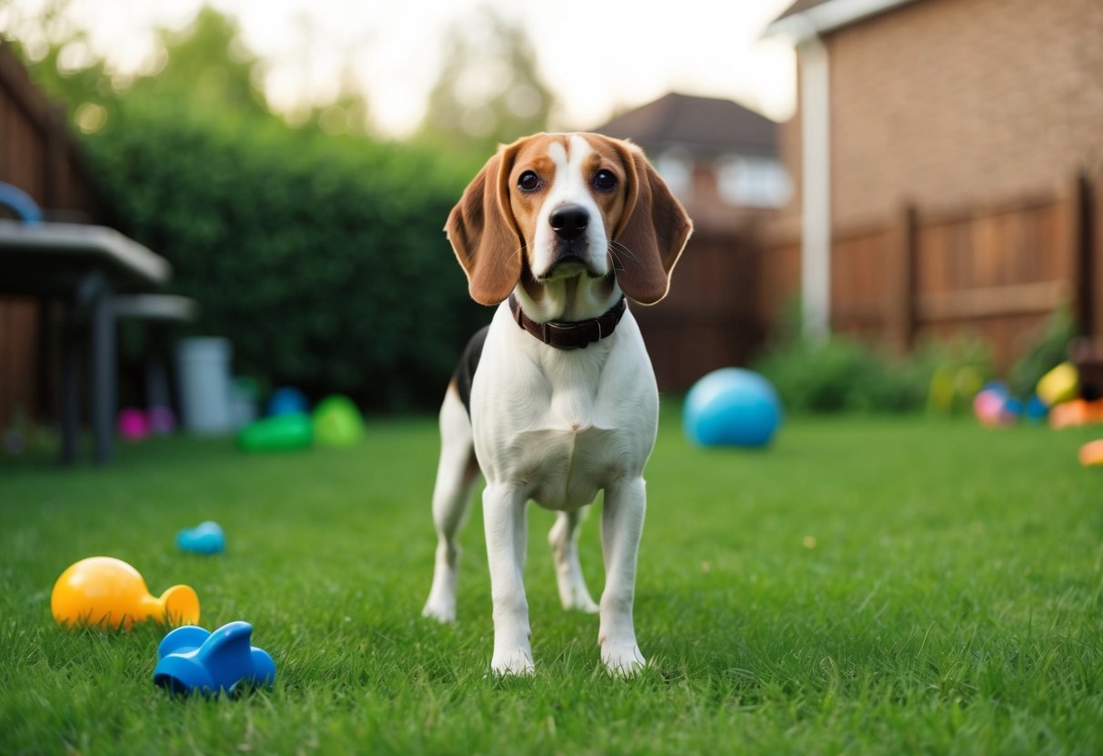 A beagle with alert ears stands in a peaceful, suburban backyard, surrounded by green grass and a few scattered toys