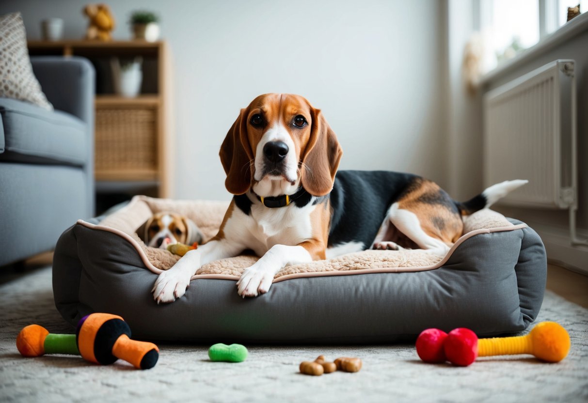 A content beagle lounges on a plush dog bed, surrounded by toys and treats. The room is quiet and peaceful, with no other dogs in sight