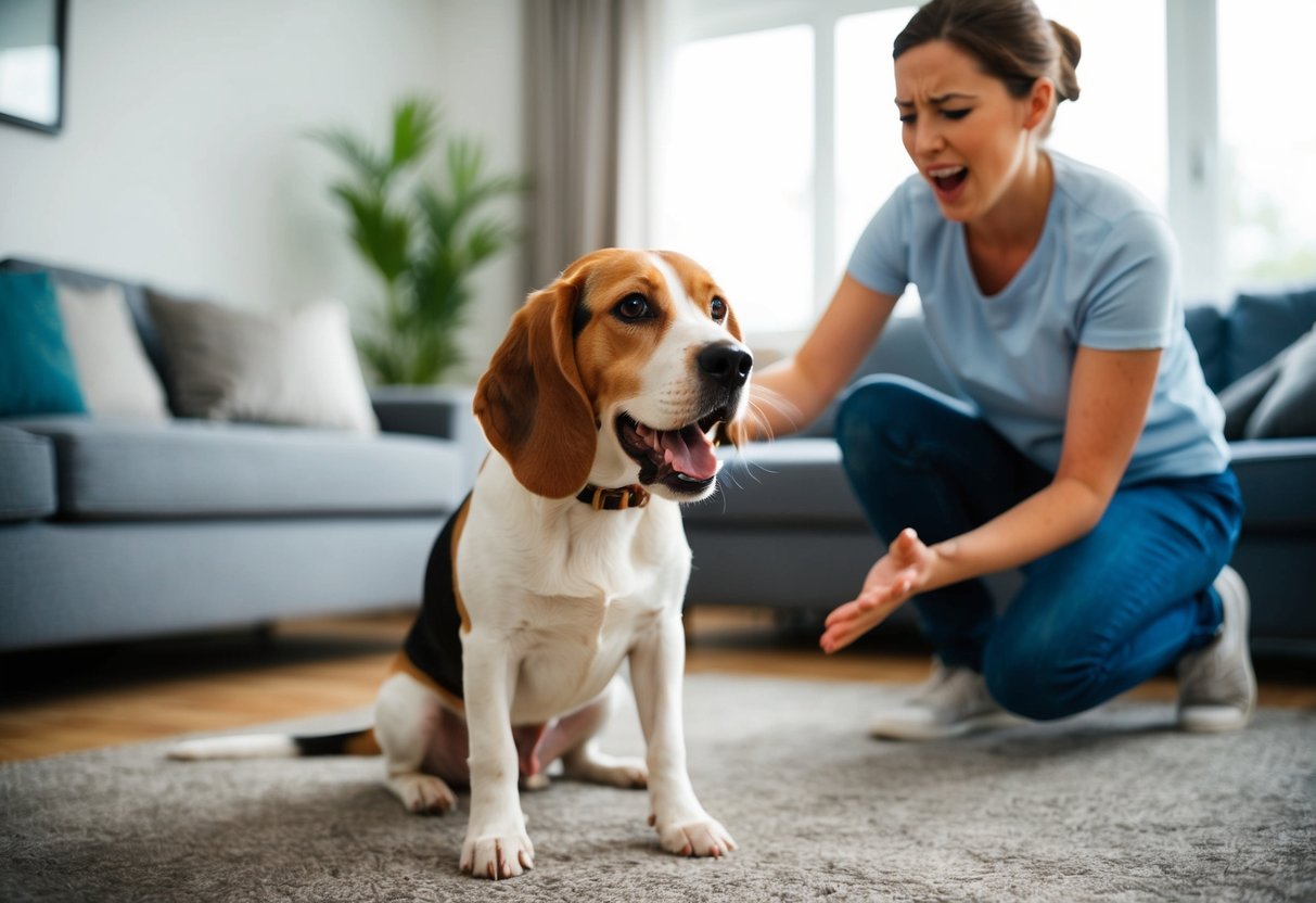 A beagle barks loudly in a living room, while a frustrated owner tries to calm it down