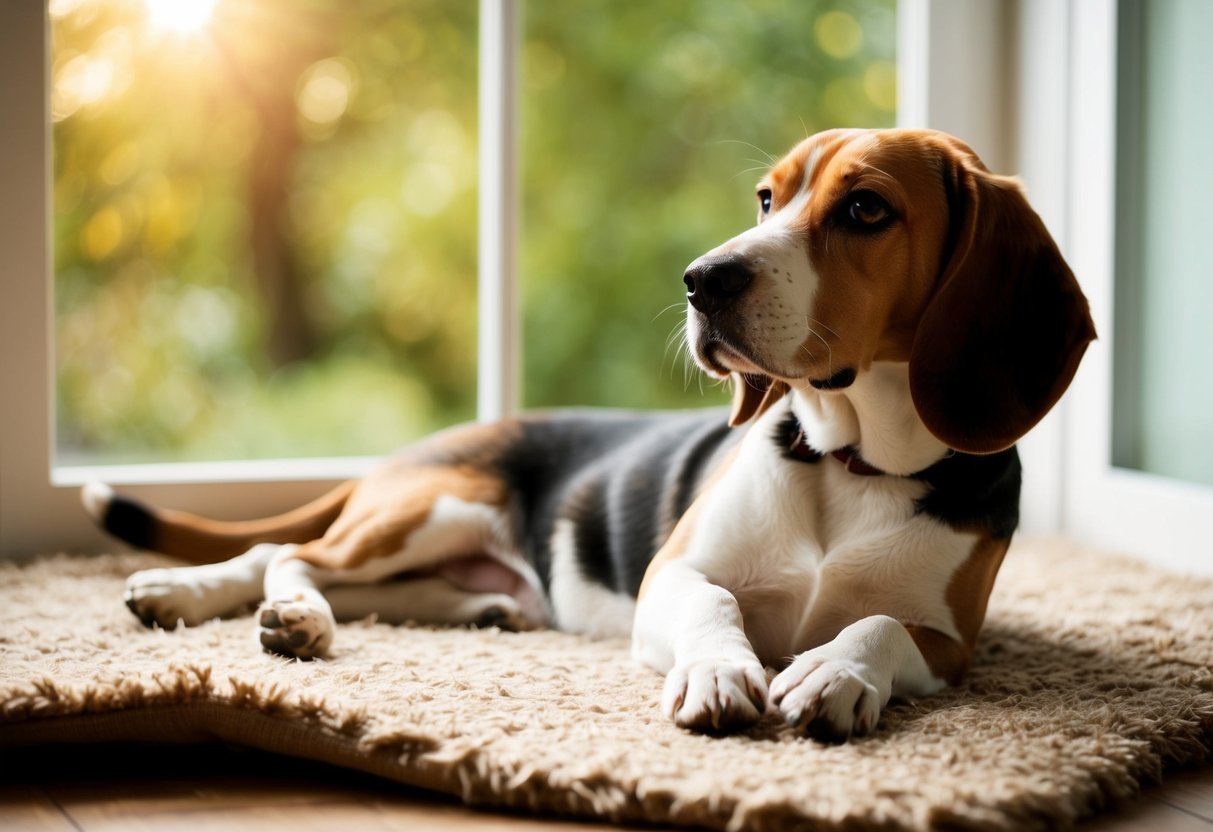 A Beagle lounges on a cozy rug, gazing out a sunlit window with a content expression