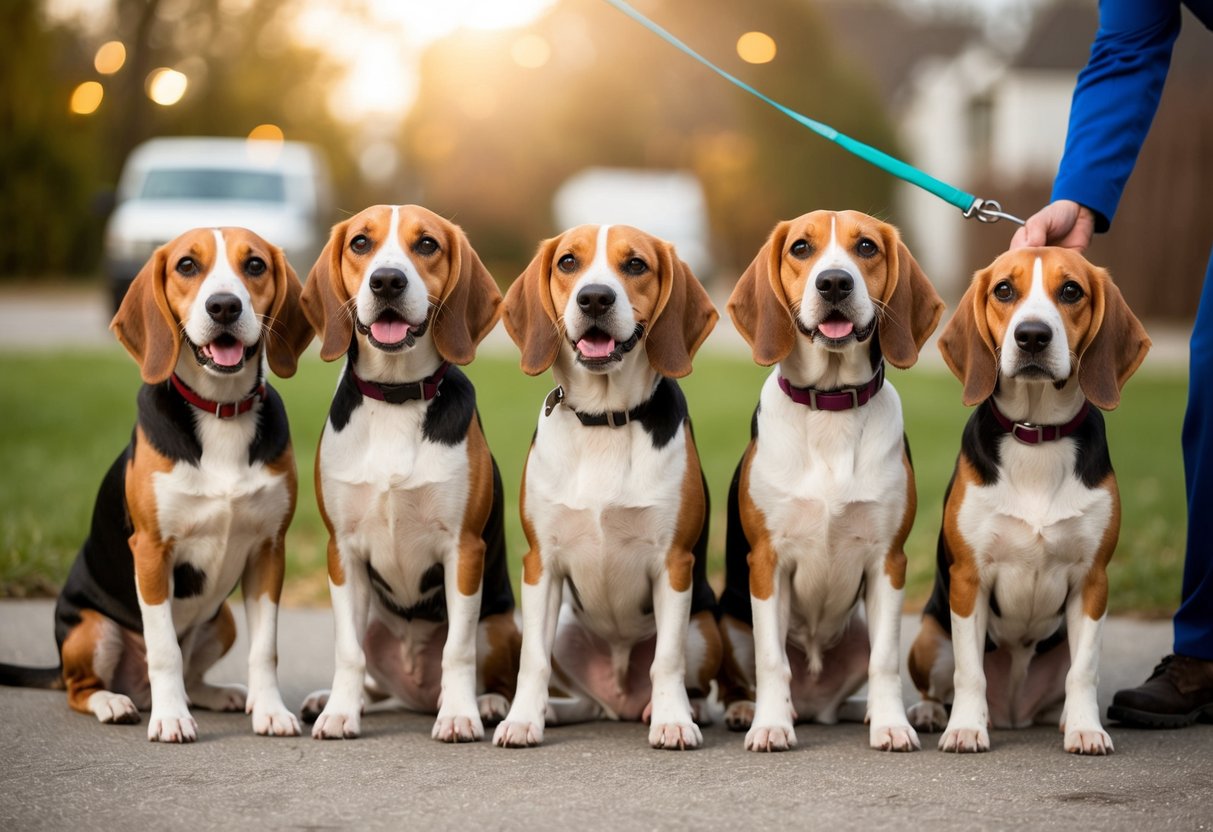 A group of beagles in various special roles, such as therapy dogs or search and rescue, are happily barking and wagging their tails