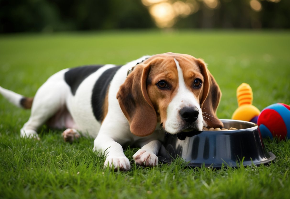 A beagle, fully grown, rests on the green grass, surrounded by toys and a food bowl