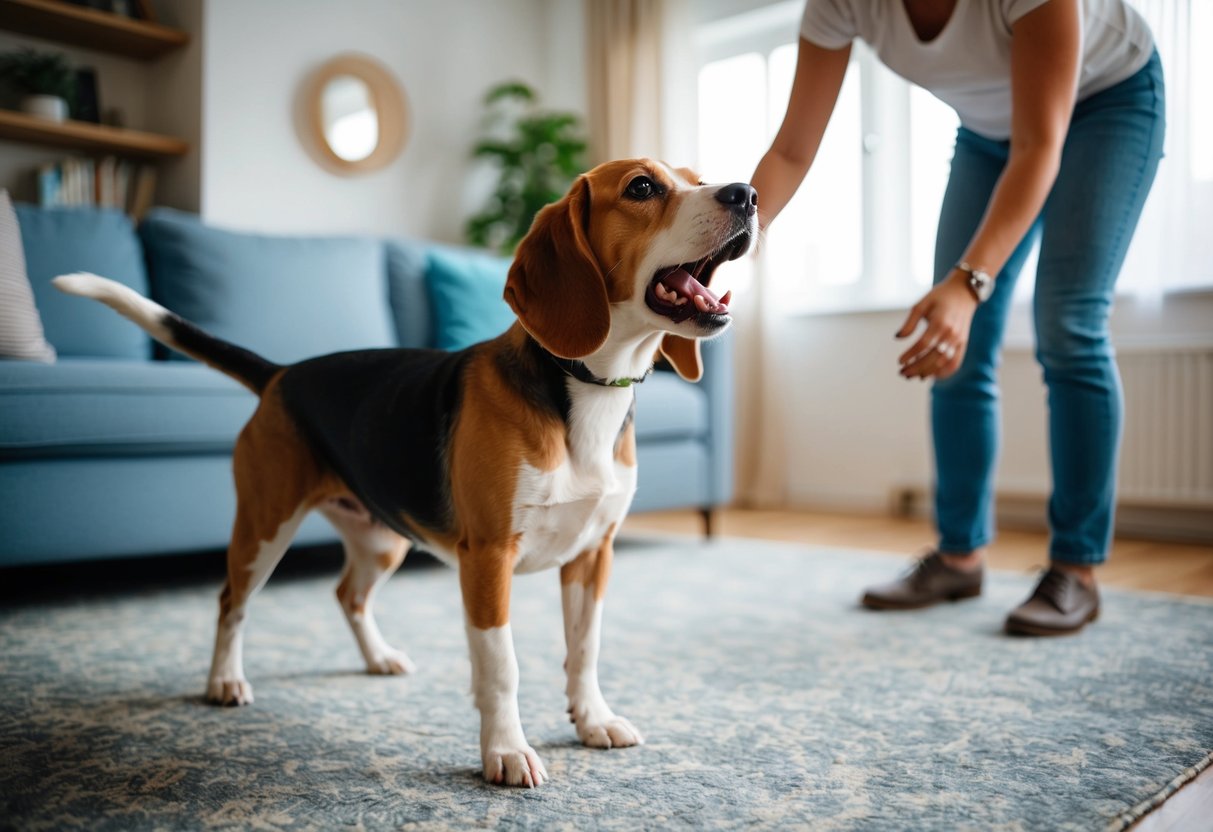 A beagle barking loudly in a living room, while a person attempts to calm it down