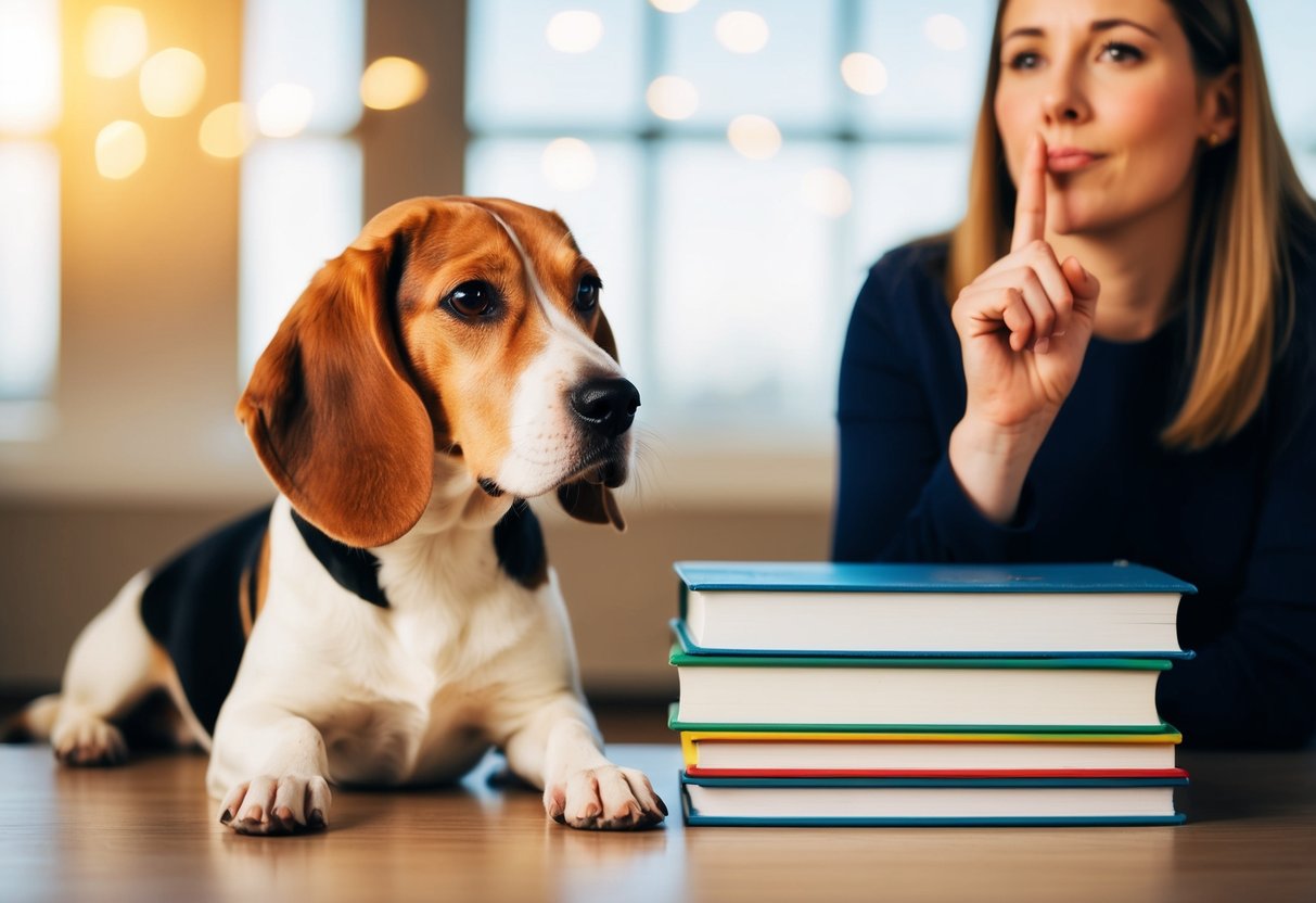 A beagle sits quietly beside a stack of training books while a person holds a finger to their lips in a "shh" gesture
