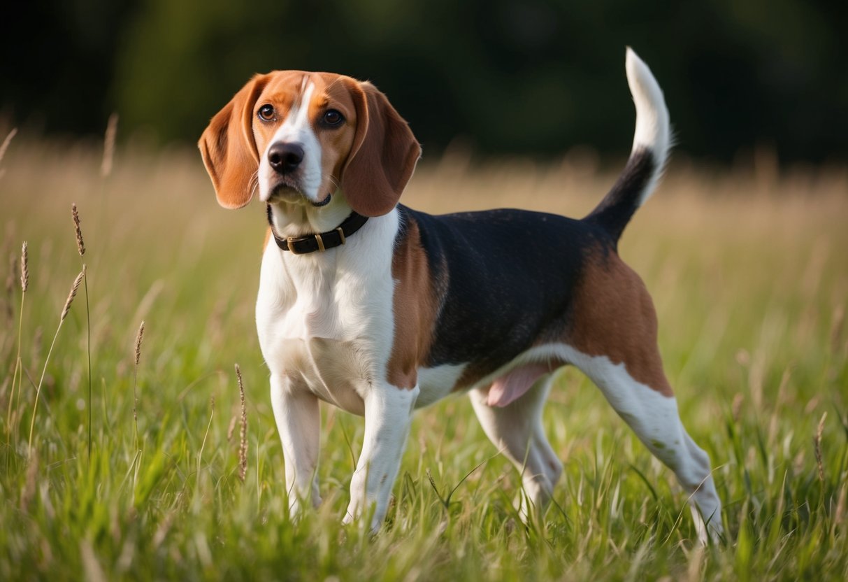 A beagle stands alert in a field of tall grass, its ears perked up and tail wagging, indicating a sense of energy and curiosity