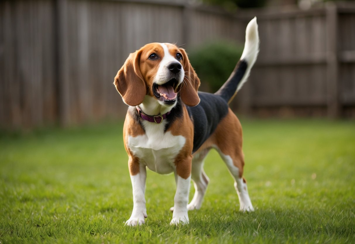 A beagle barking loudly in a backyard, ears perked and tail wagging