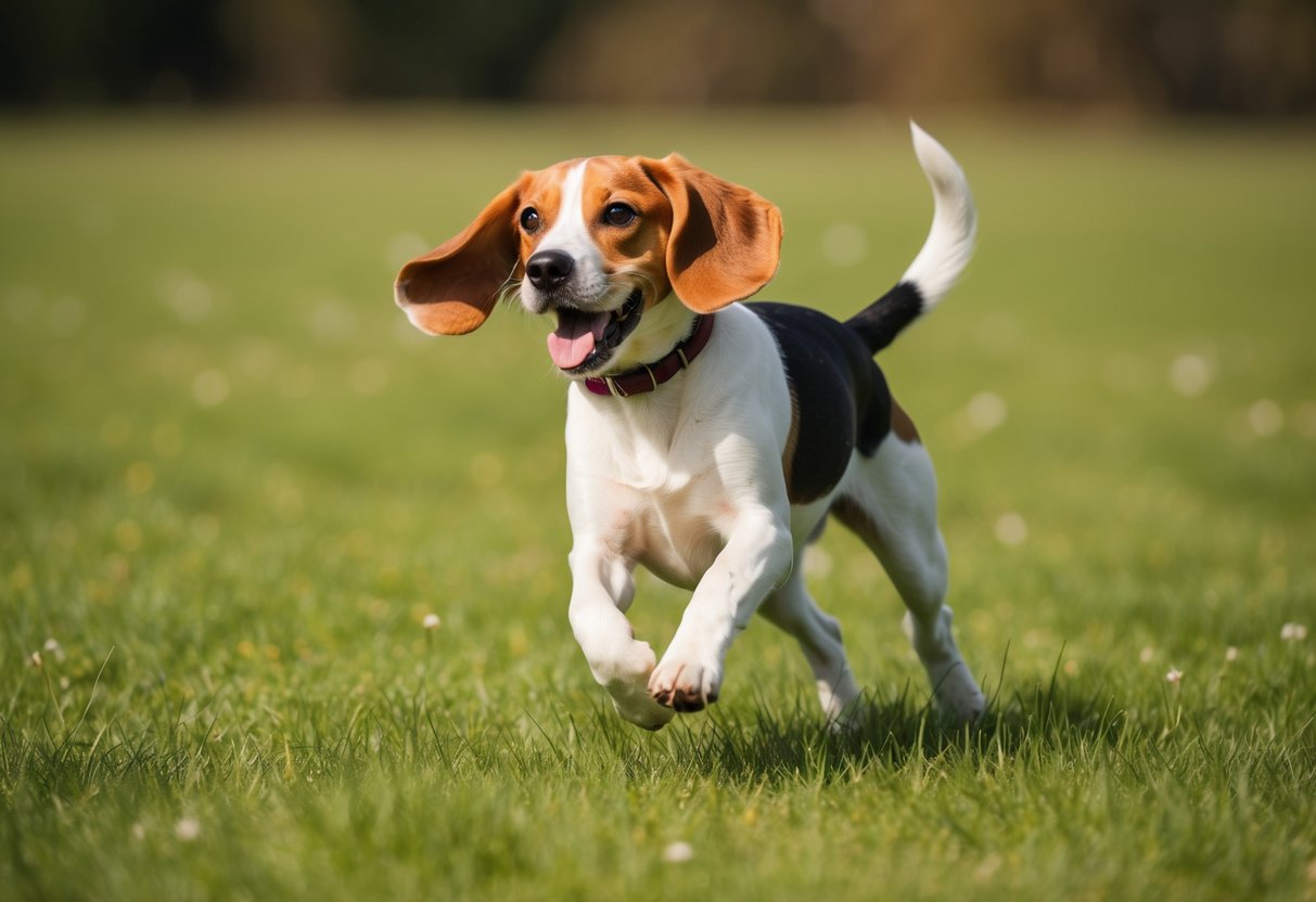 A beagle runs through a grassy field, ears flapping, with a look of joy on its face