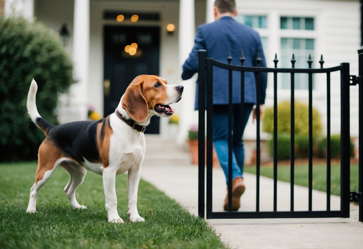 A beagle barking at a stranger approaching the front gate of a house