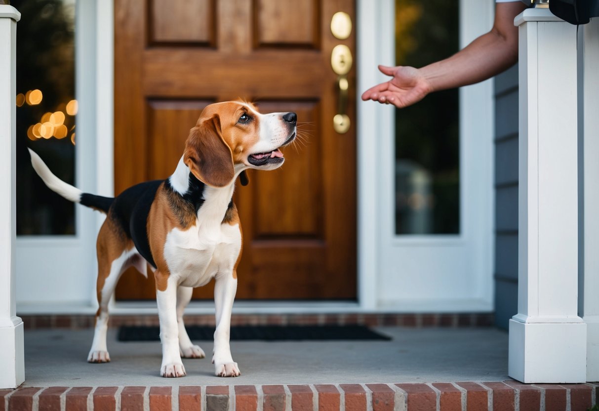 A beagle stands alert, ears perked, and tail raised as it barks at a stranger approaching the front door