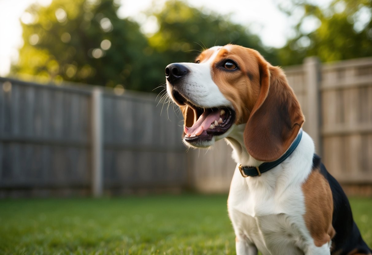 A beagle barking loudly in a backyard, ears perked up and tail wagging