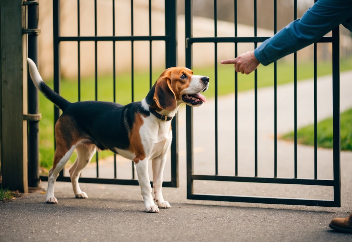 A beagle stands alert, ears perked, at a closed gate. A stranger approaches, and the beagle begins to bark