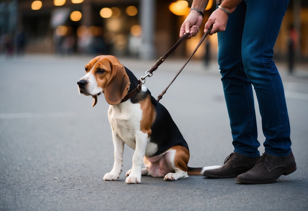 A beagle sits stubbornly on a leash, ears drooping, as its owner tries to coax it to walk. The dog's tail is tucked between its legs, and it refuses to budge