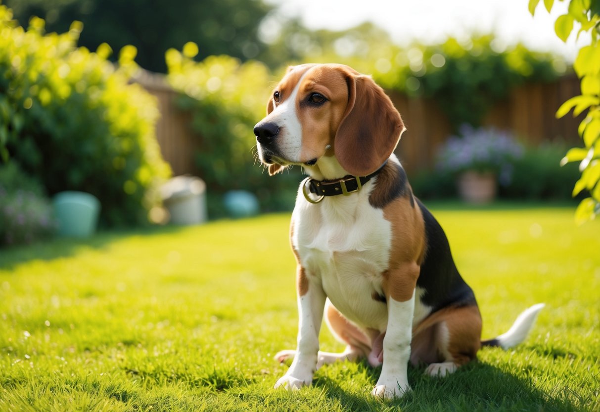 A beagle wearing a bark collar sits quietly in a peaceful backyard, surrounded by greenery and sunshine