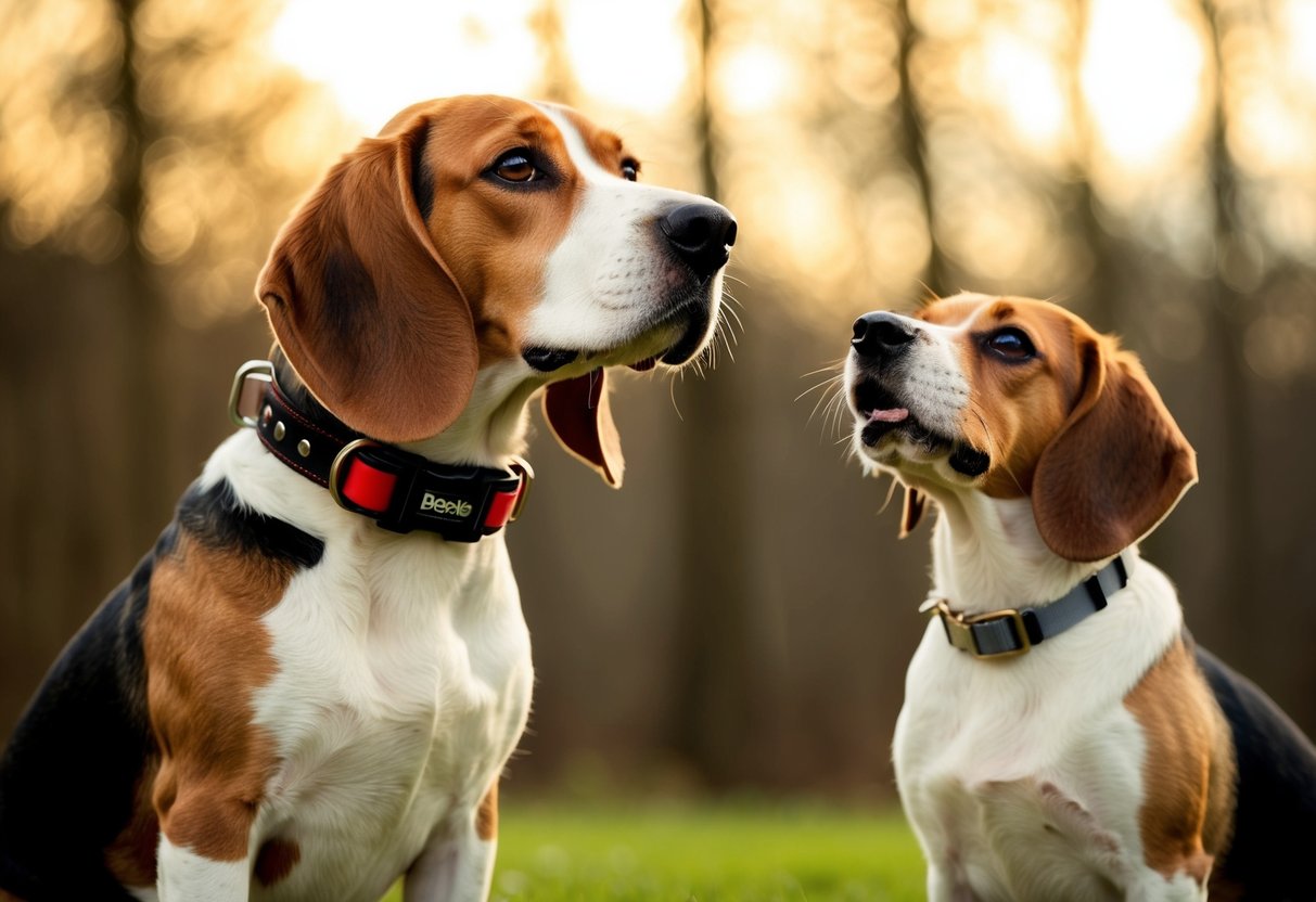 A beagle wearing a bark collar looks up with a curious expression as a nearby dog barks without any response from the beagle
