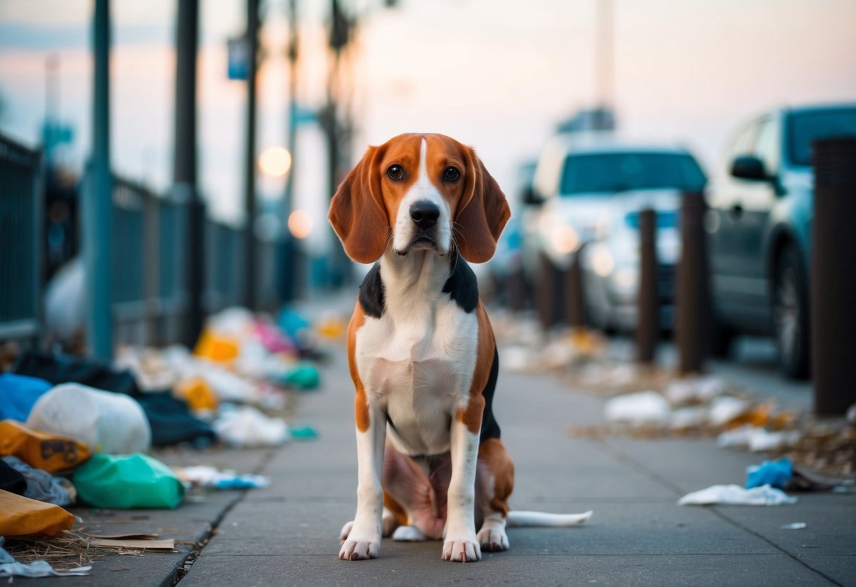 A beagle stands still, ears drooping, amidst littered sidewalks and polluted air