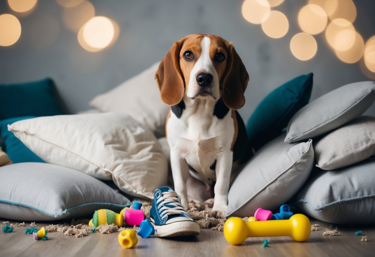 A beagle surrounded by torn pillows, scattered toys, and a chewed-up shoe