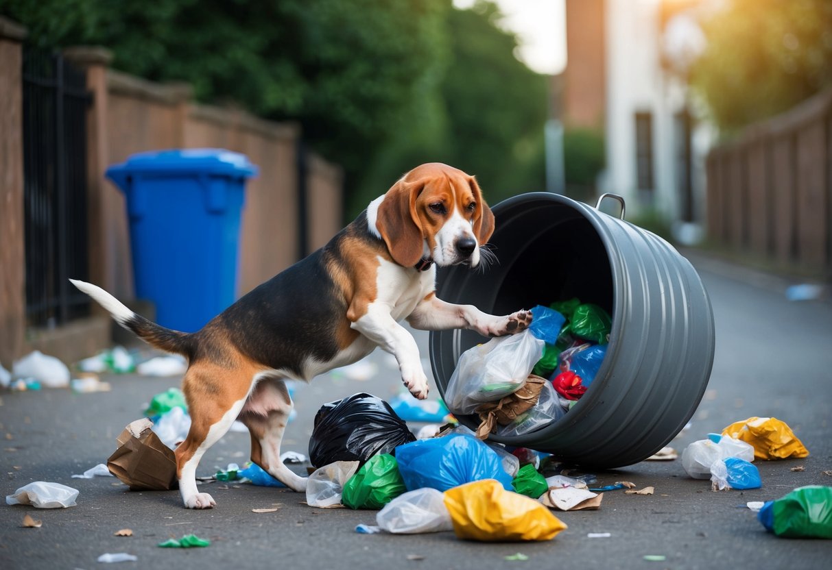 A mischievous beagle tipping over a trash can, surrounded by scattered garbage and a guilty expression