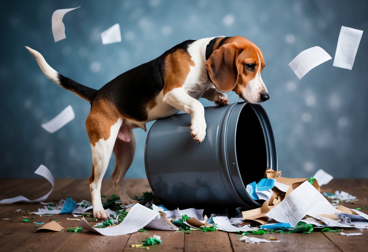 A mischievous beagle tipping over a trash can, surrounded by torn up paper and scattered garbage