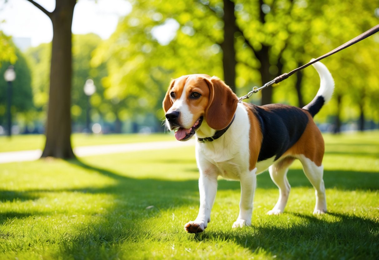 A beagle happily walks through a green park, trees in the background. The sun is shining, and the dog is on a leash