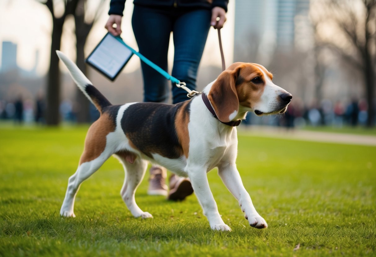 A beagle on a leash, walking through a park, with a schedule and planner in the background