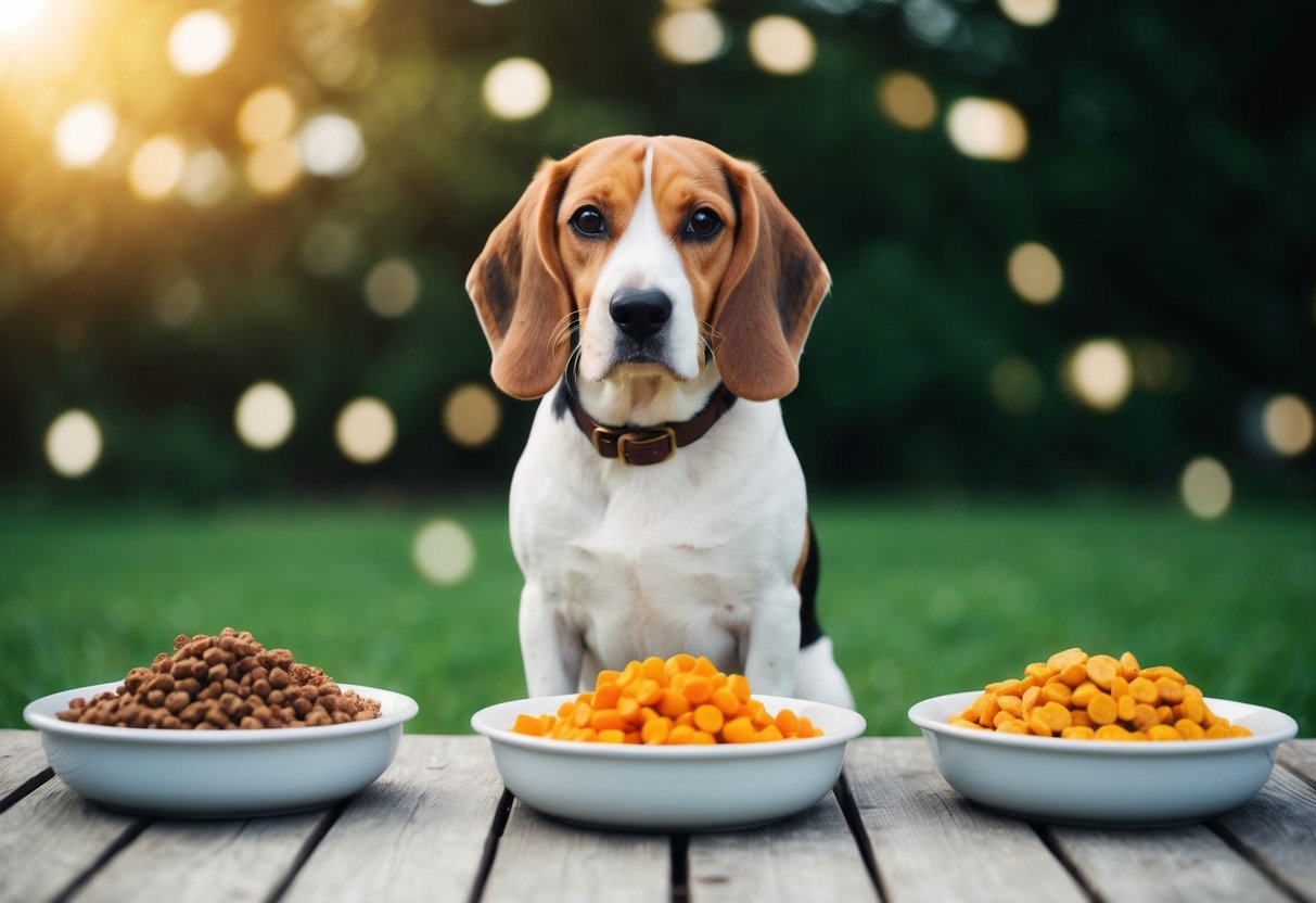 A beagle sits in front of three bowls of food, contemplating which to eat