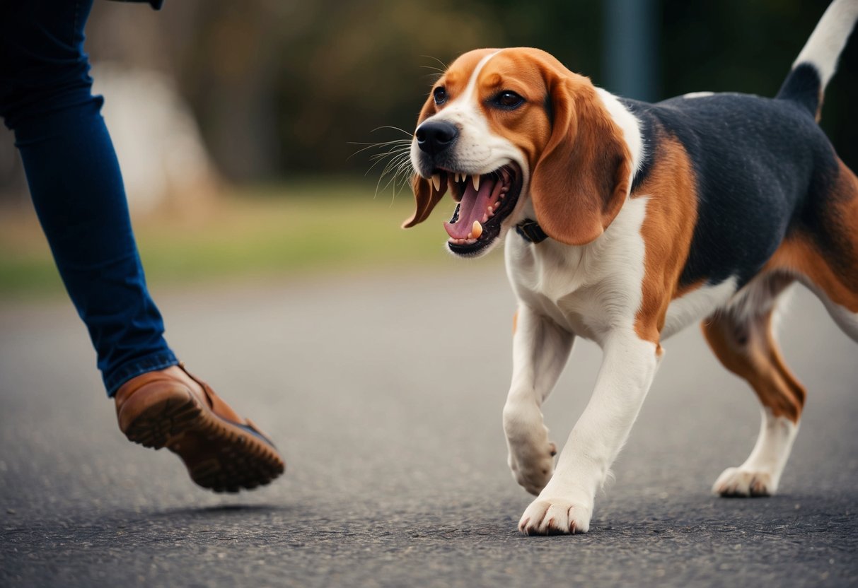 An aggressive beagle bares its teeth, growling and lunging forward, ears pinned back and tail raised, as it confronts another animal or person