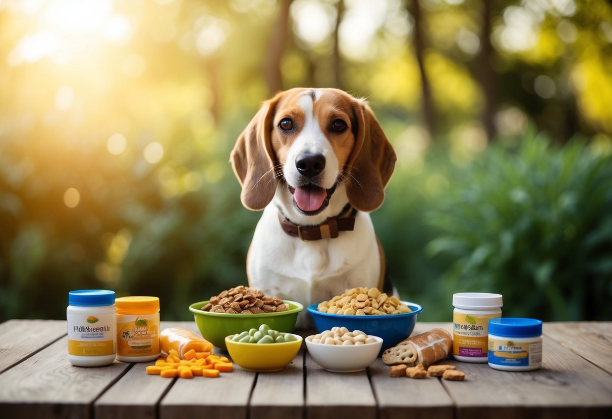 A beagle happily eats three meals a day, surrounded by a variety of healthy treats and supplements