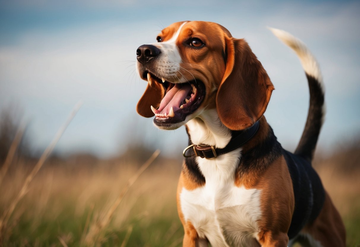 An aggressive beagle barking and growling, ears pinned back, teeth bared, and tail raised in a defensive stance