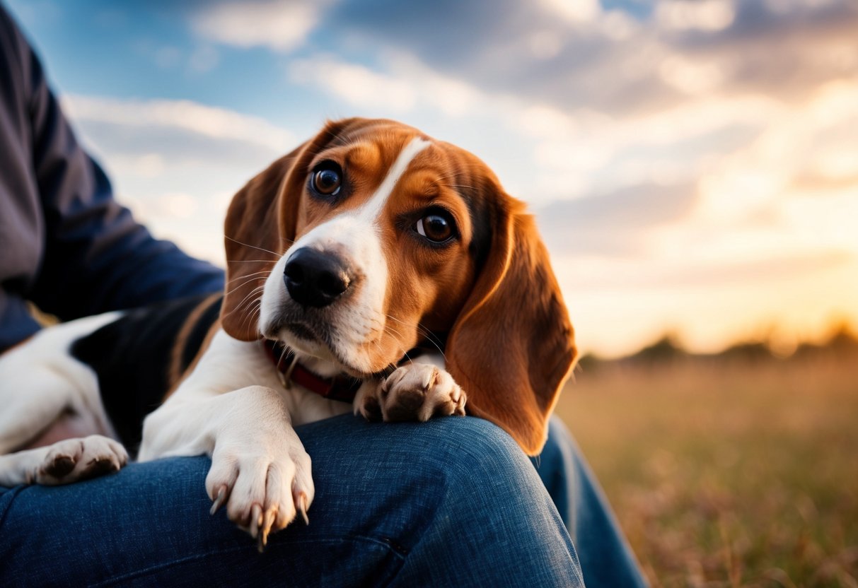 A beagle lays on a person's lap, looking up with adoring eyes