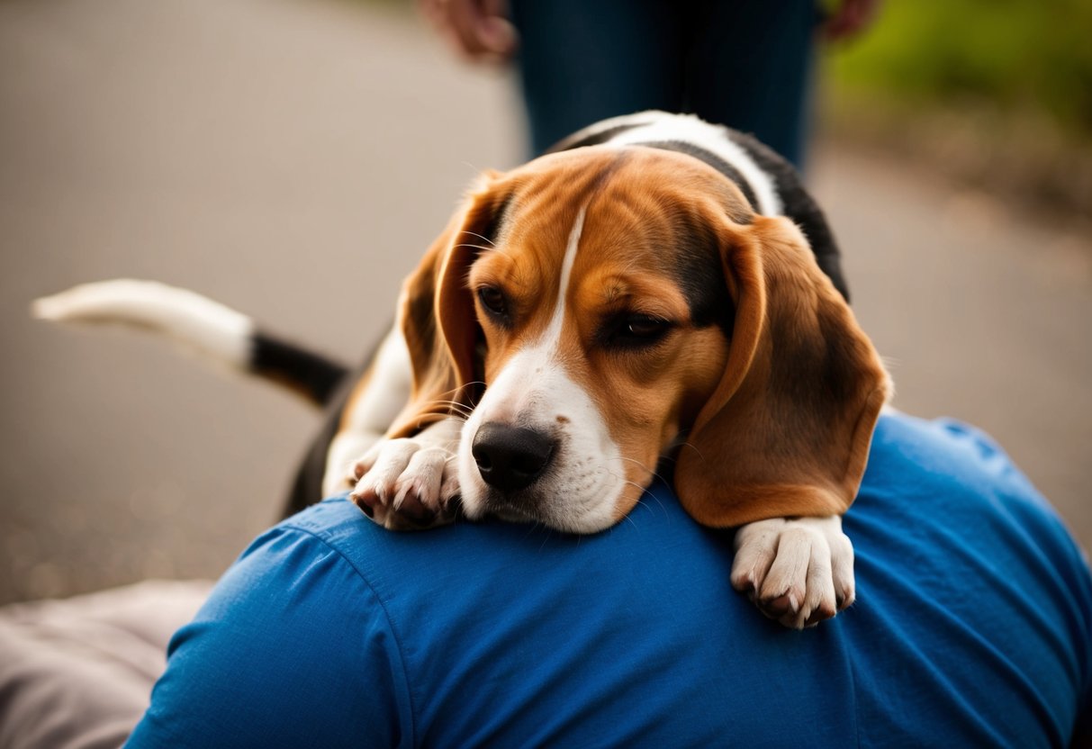 A beagle lies contentedly on a person's chest, nuzzling and wagging its tail, forming a close emotional bond