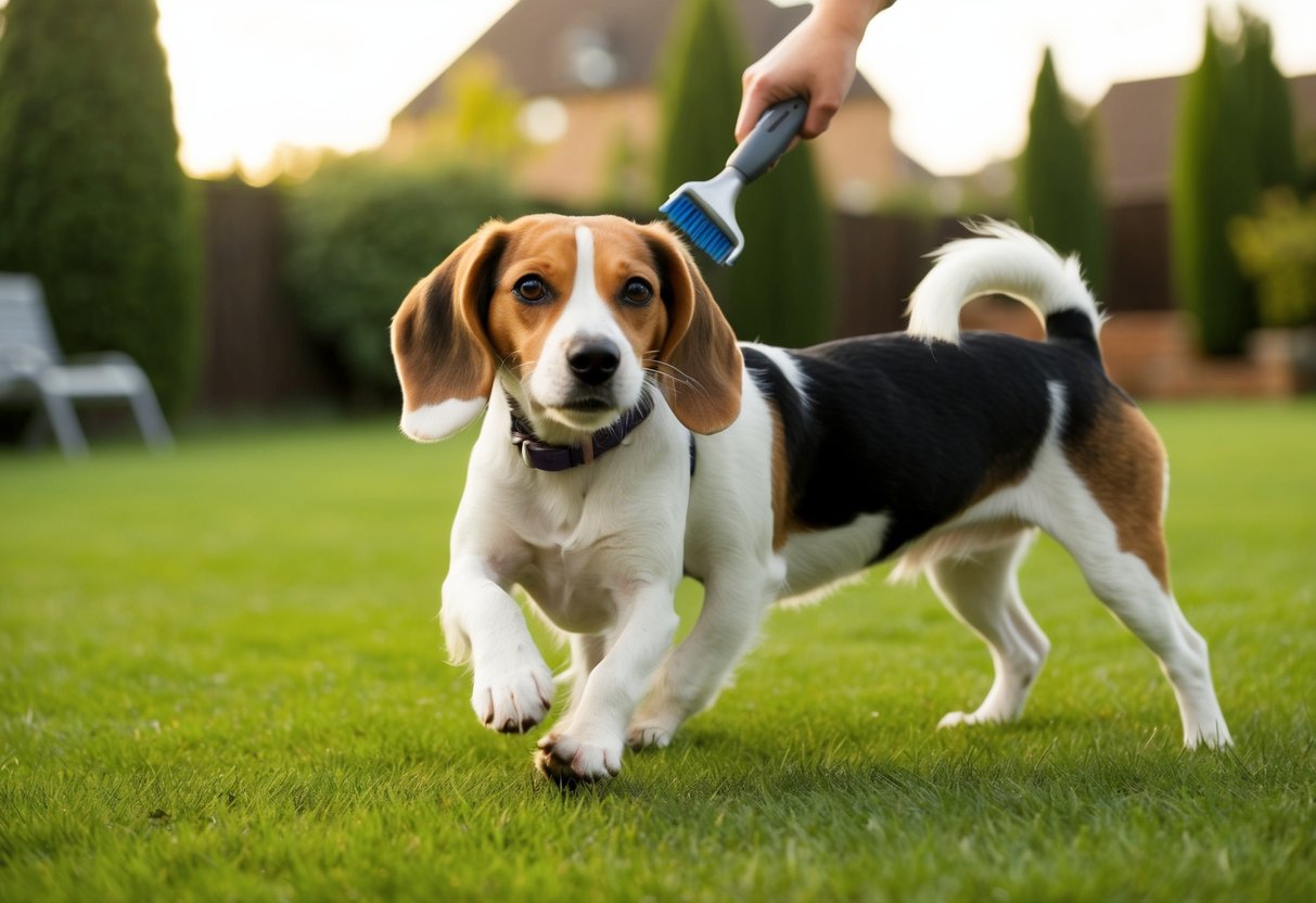A beagle mix dog being groomed and played with in a spacious backyard