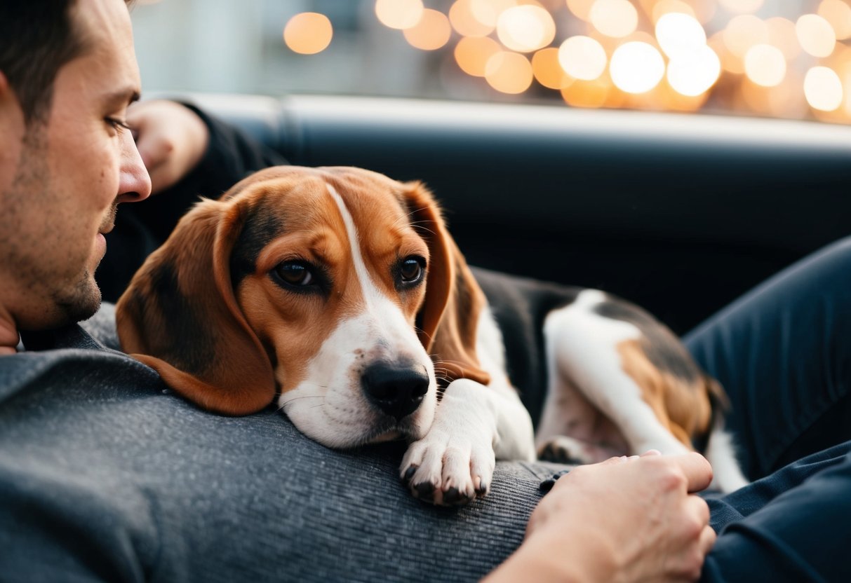 A beagle lounges on a person's lap, looking content and relaxed, while the person gently pets the dog's head