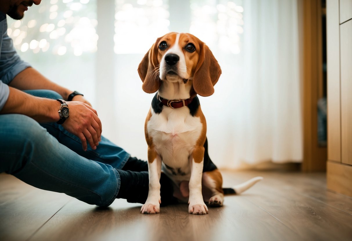 A beagle sitting at the feet of one person, wagging its tail and gazing up at them with adoring eyes