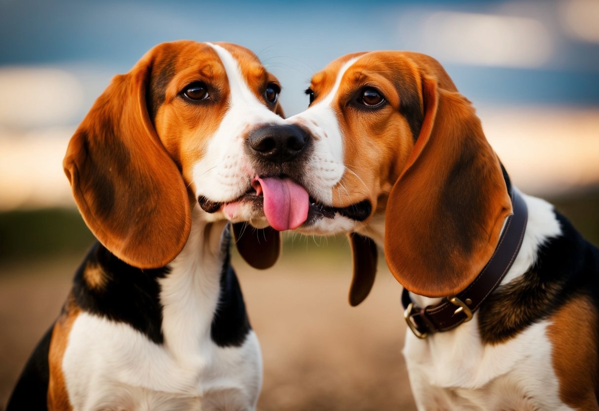 A beagle licking a person's face with a wagging tail and a look of affection in its eyes