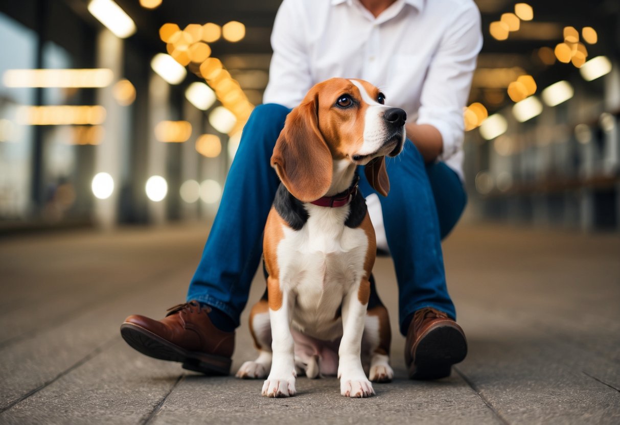 A beagle sitting at the feet of a person, wagging its tail and looking up at them with adoring eyes
