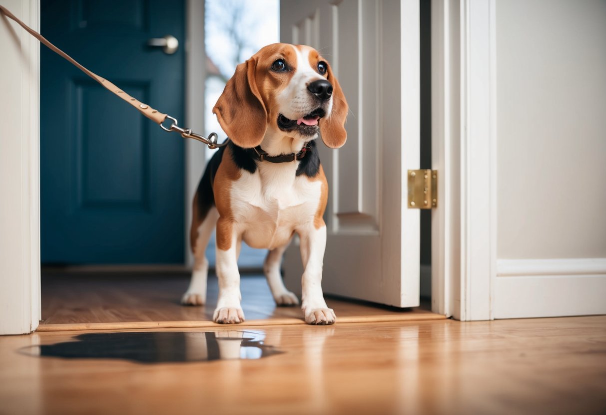 A beagle stands by a door with a leash in its mouth, looking eagerly outside. A puddle of pee is visible on the floor nearby