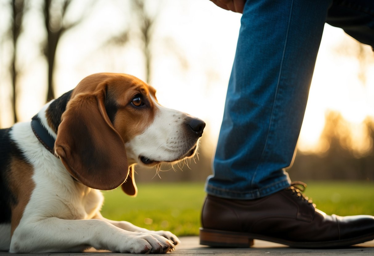 A beagle nuzzles its owner's leg, looking up with big, pleading eyes