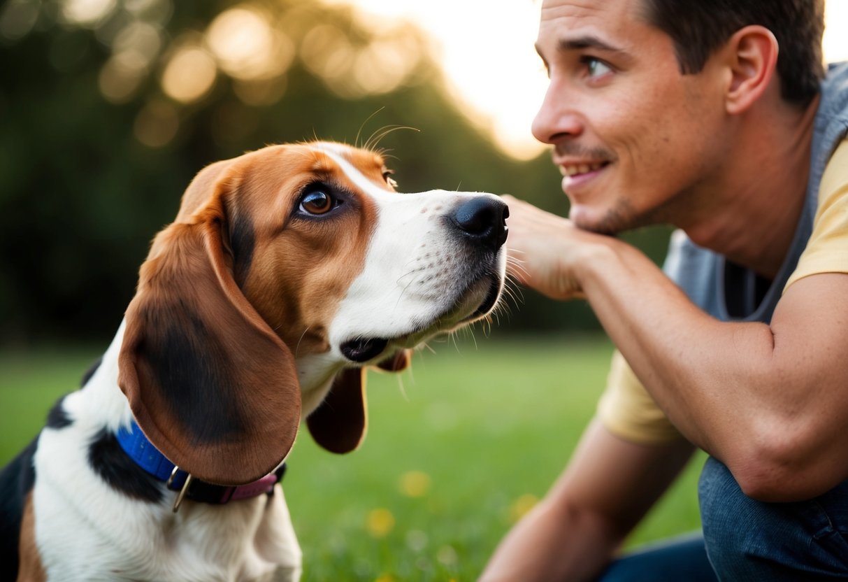 A beagle follows its owner closely, gazing up with big, pleading eyes. Tail wagging, it seeks constant attention and affection