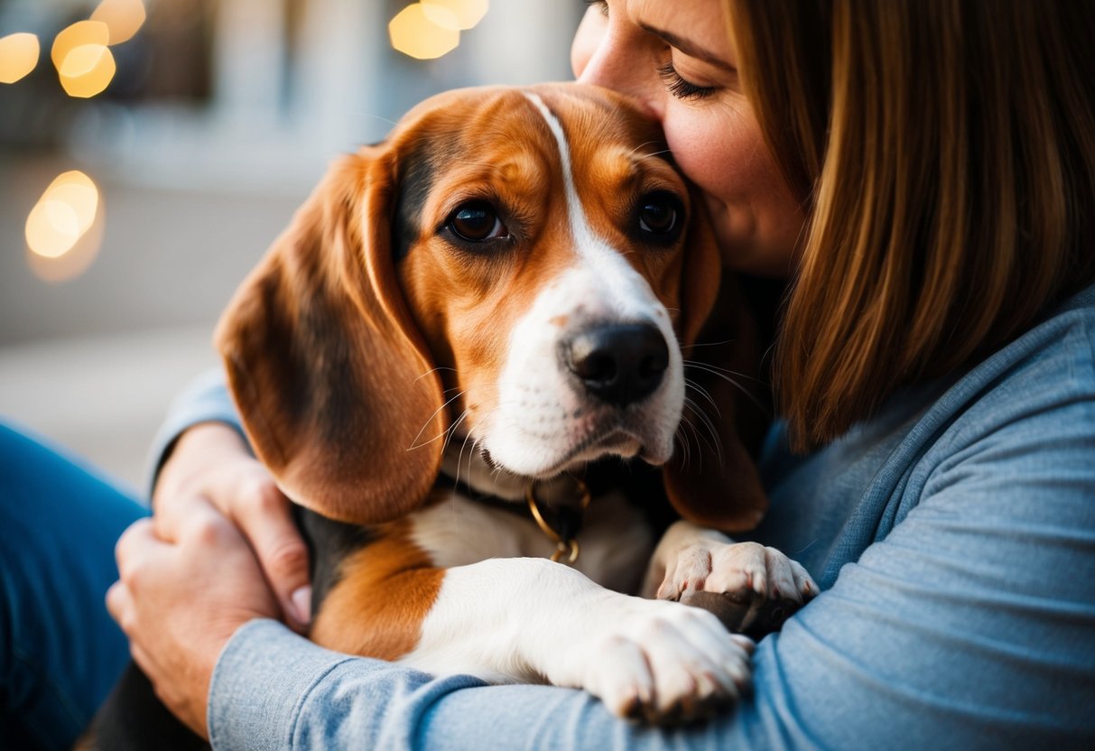A beagle snuggles up to its owner, wagging its tail and looking up with adoring eyes